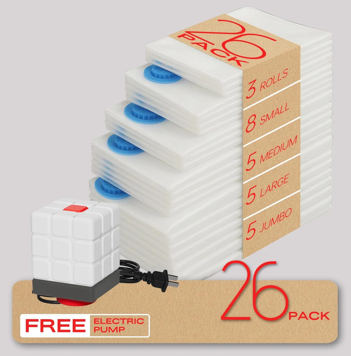 Vacuum Storage Bags for Clothing, 26 Pack Vacuum Seal Bags (5 Jumbo, 5 Large, 5 Medium, 8 Small, 3 Roll) for Clothes Comforters Blankets, Space Saver Bag with Electric Pump (2025 Upgrade)