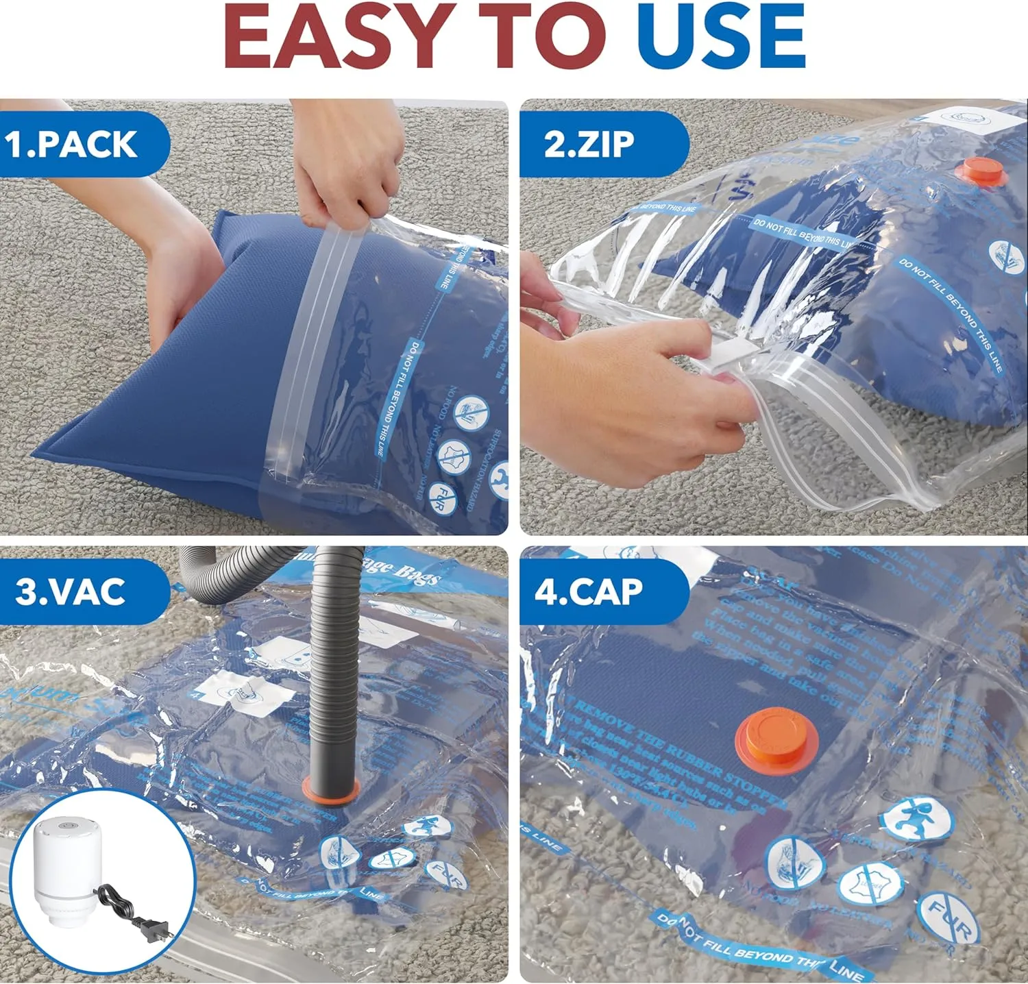 Vacuum Storage Bags with Electric Air Pump 24 Combo (5 Jumbo/5 Large/5 Medium/5 Small/4 Roll), Space Saver Sealer Bags, Airtight Compression Bags for Clothes, Pillows, Comforters, Blankets, Bedding