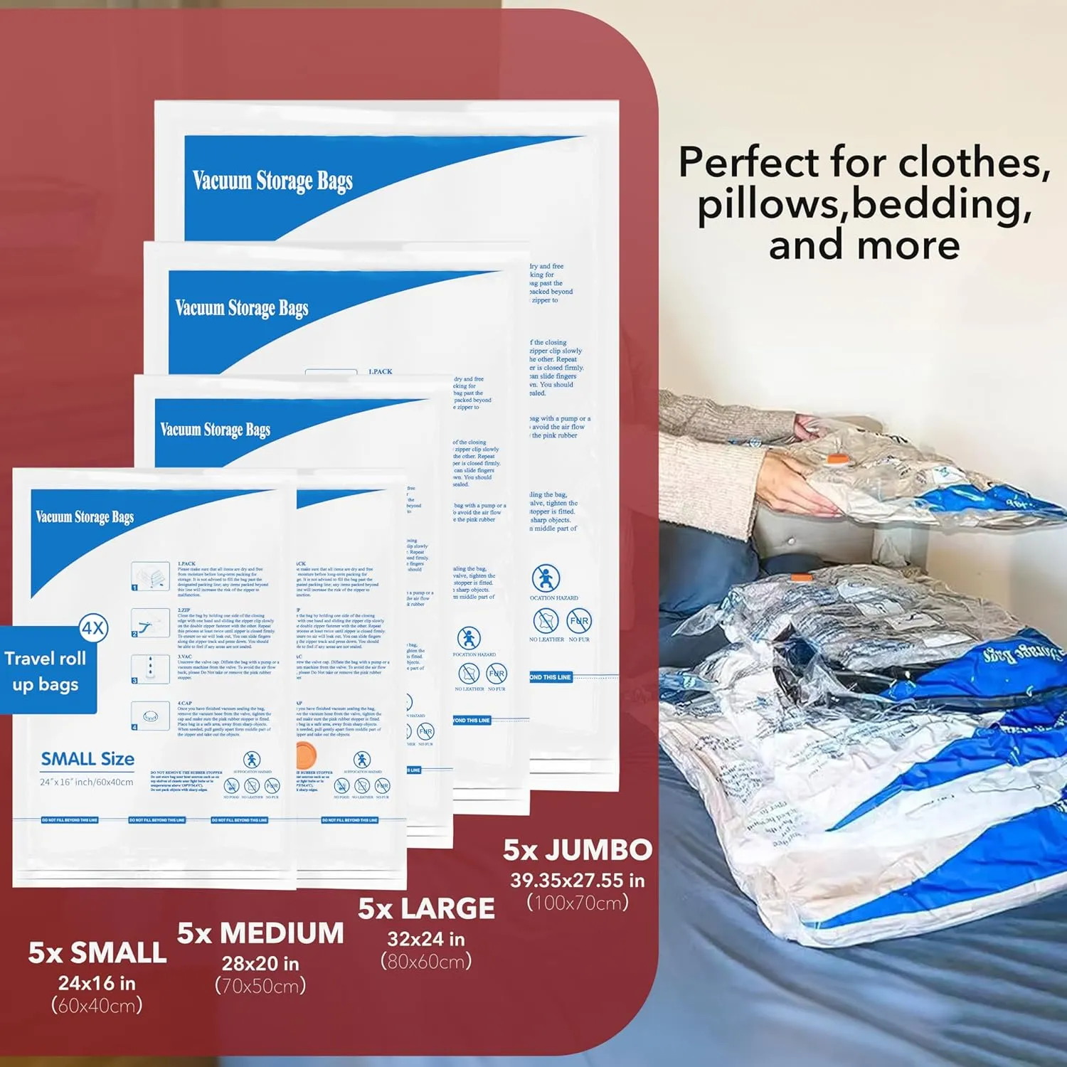 Vacuum Storage Bags with Electric Air Pump 24 Combo (5 Jumbo/5 Large/5 Medium/5 Small/4 Roll), Space Saver Sealer Bags, Airtight Compression Bags for Clothes, Pillows, Comforters, Blankets, Bedding