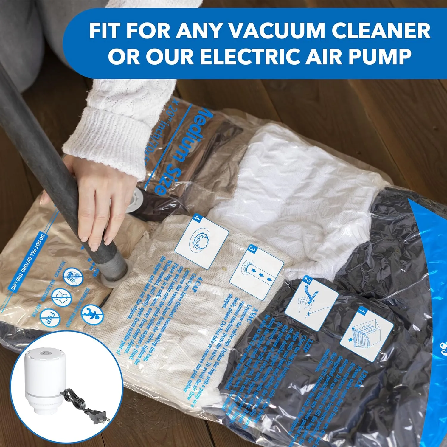 Vacuum Storage Bags with Electric Air Pump 24 Combo (5 Jumbo/5 Large/5 Medium/5 Small/4 Roll), Space Saver Sealer Bags, Airtight Compression Bags for Clothes, Pillows, Comforters, Blankets, Bedding