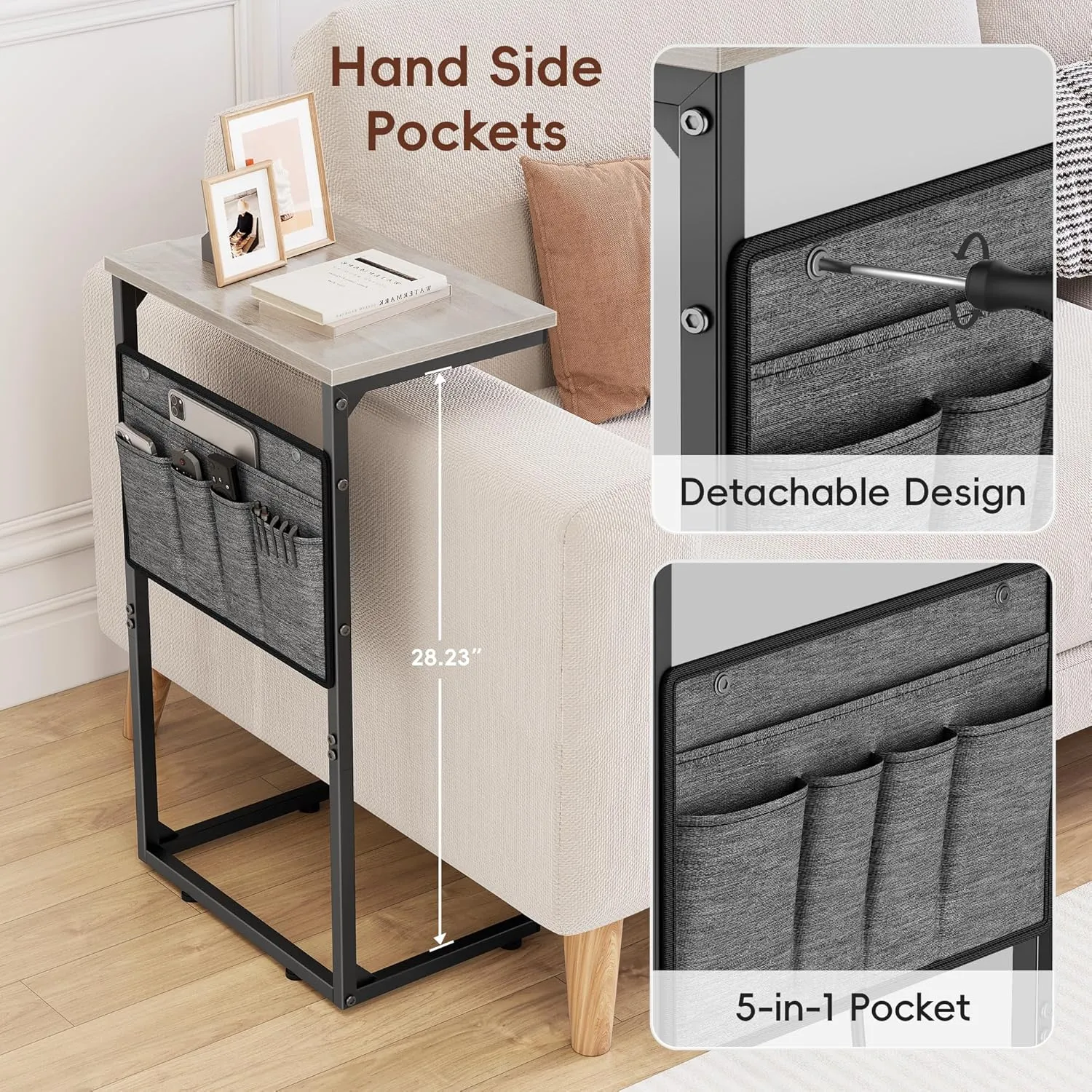 Vagusicc C Shaped End Table Set of 2, Tall Side Table for Sofa, Small Couch Side Table with Storage Bag, TV Tray Table for Small Spaces, Sturdy Slide Under Sofa Table with Metal Frame for Living Room