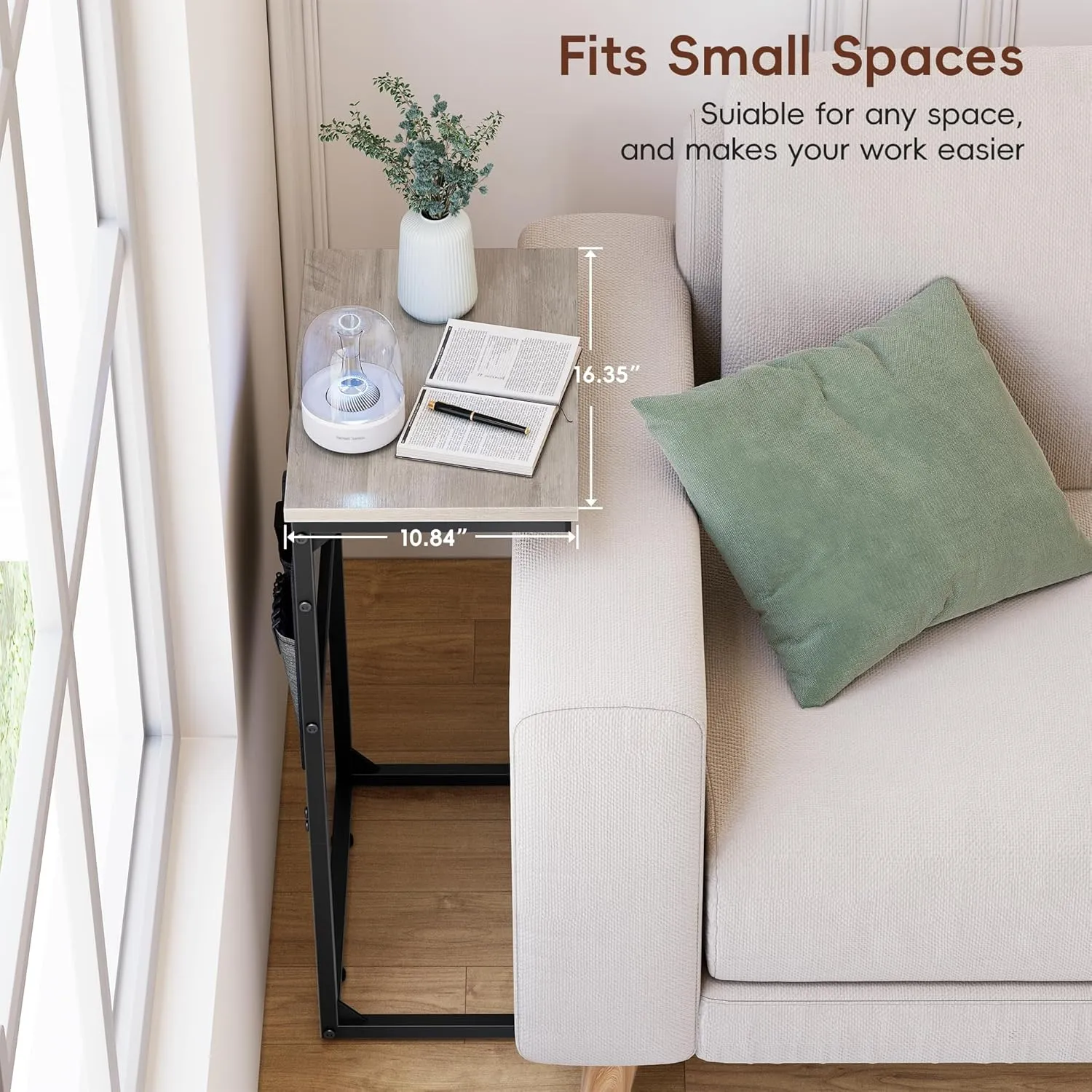 Vagusicc C Shaped End Table Set of 2, Tall Side Table for Sofa, Small Couch Side Table with Storage Bag, TV Tray Table for Small Spaces, Sturdy Slide Under Sofa Table with Metal Frame for Living Room