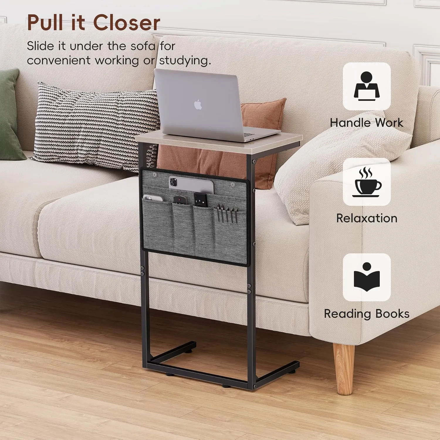 Vagusicc C Shaped End Table Set of 2, Tall Side Table for Sofa, Small Couch Side Table with Storage Bag, TV Tray Table for Small Spaces, Sturdy Slide Under Sofa Table with Metal Frame for Living Room