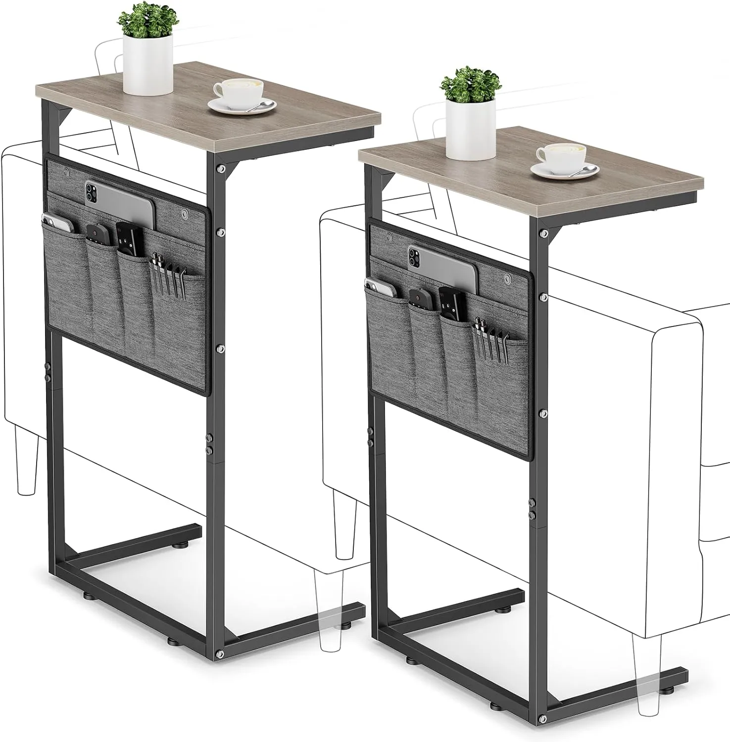 Vagusicc C Shaped End Table Set of 2, Tall Side Table for Sofa, Small Couch Side Table with Storage Bag, TV Tray Table for Small Spaces, Sturdy Slide Under Sofa Table with Metal Frame for Living Room
