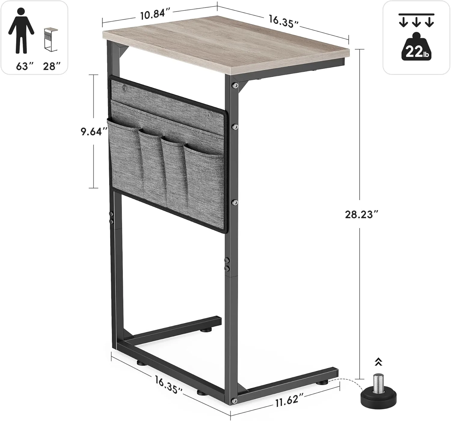 Vagusicc C Shaped End Table Set of 2, Tall Side Table for Sofa, Small Couch Side Table with Storage Bag, TV Tray Table for Small Spaces, Sturdy Slide Under Sofa Table with Metal Frame for Living Room