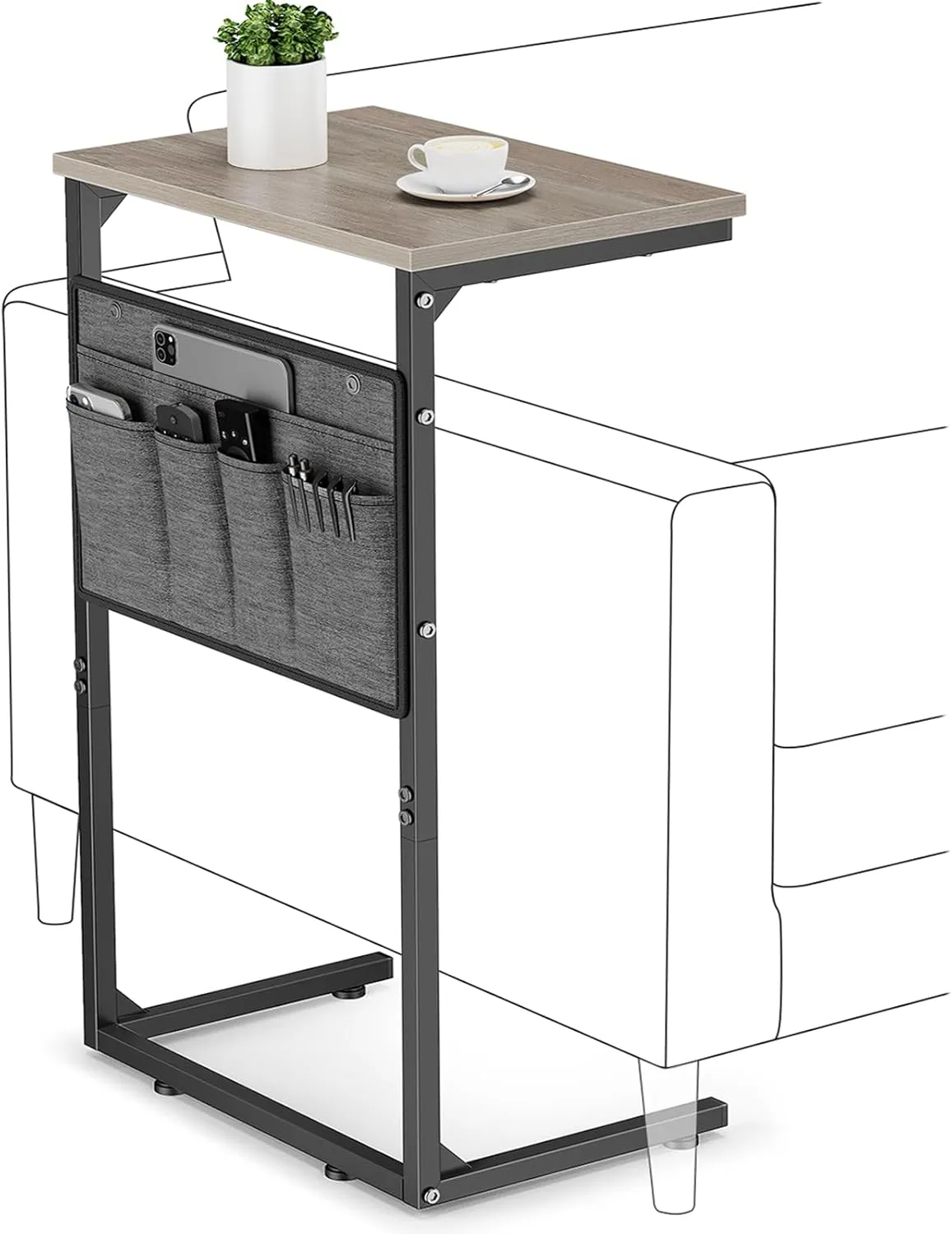 Vagusicc C Shaped End Table Set of 2, Tall Side Table for Sofa, Small Couch Side Table with Storage Bag, TV Tray Table for Small Spaces, Sturdy Slide Under Sofa Table with Metal Frame for Living Room