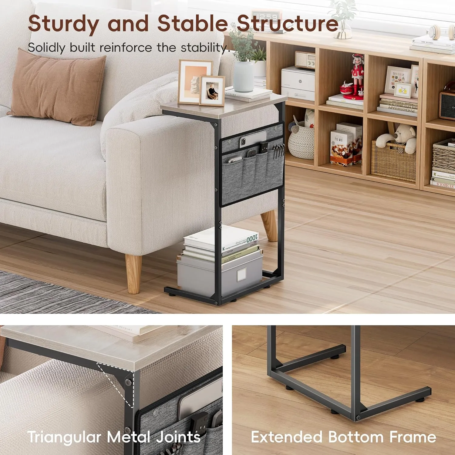 Vagusicc C Shaped End Table Set of 2, Tall Side Table for Sofa, Small Couch Side Table with Storage Bag, TV Tray Table for Small Spaces, Sturdy Slide Under Sofa Table with Metal Frame for Living Room