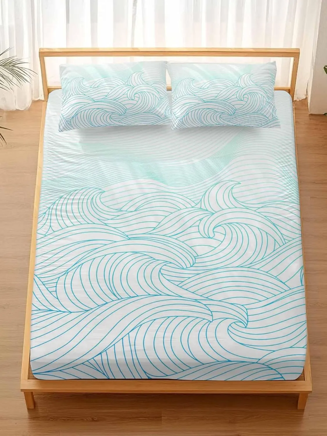 Vandarllin Twin XL Sheet Set Teal Blue Mountains Bed Sheets Set with 16 Inch Deep Pockets Abstract Stripe Lines Soft Luxury Hotel Bedding Sheets for All Season with Elastic Corner Straps