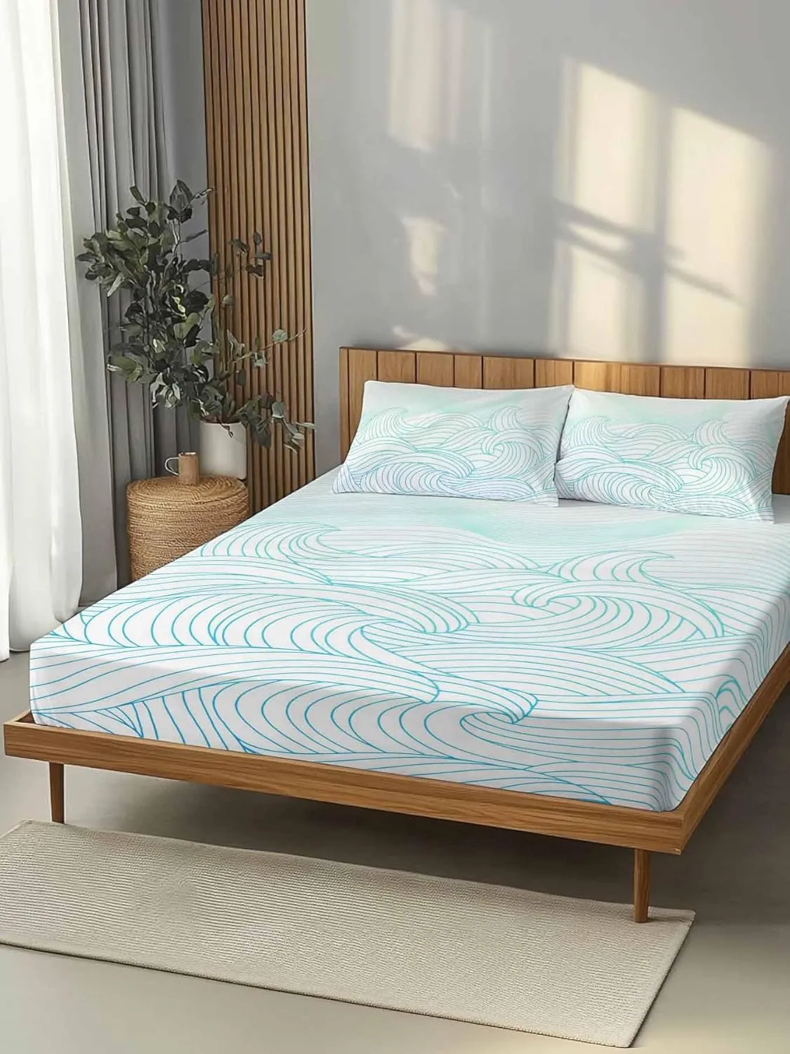 Vandarllin Twin XL Sheet Set Teal Blue Mountains Bed Sheets Set with 16 Inch Deep Pockets Abstract Stripe Lines Soft Luxury Hotel Bedding Sheets for All Season with Elastic Corner Straps