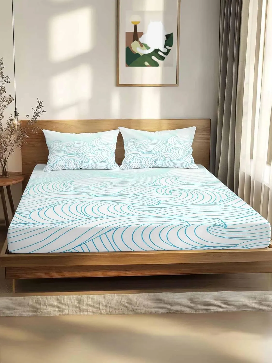 Vandarllin Twin XL Sheet Set Teal Blue Mountains Bed Sheets Set with 16 Inch Deep Pockets Abstract Stripe Lines Soft Luxury Hotel Bedding Sheets for All Season with Elastic Corner Straps