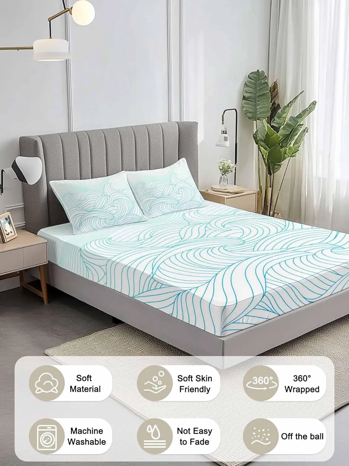 Vandarllin Twin XL Sheet Set Teal Blue Mountains Bed Sheets Set with 16 Inch Deep Pockets Abstract Stripe Lines Soft Luxury Hotel Bedding Sheets for All Season with Elastic Corner Straps