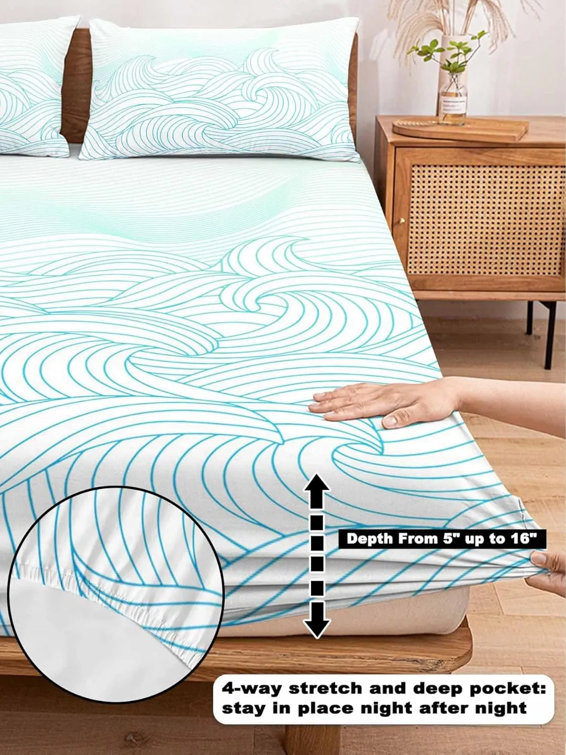 Vandarllin Twin XL Sheet Set Teal Blue Mountains Bed Sheets Set with 16 Inch Deep Pockets Abstract Stripe Lines Soft Luxury Hotel Bedding Sheets for All Season with Elastic Corner Straps