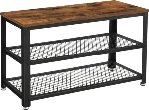 VASAGLE, 3-Tier Shoe Rack, Shelf Storage Bench with Metal Mesh Shelves and Seat, Free Standing Shoe Organizer for Entryway, 11.8 x 28.7 x 17.7 Inches, Rustic Brown and Black ULBS73X