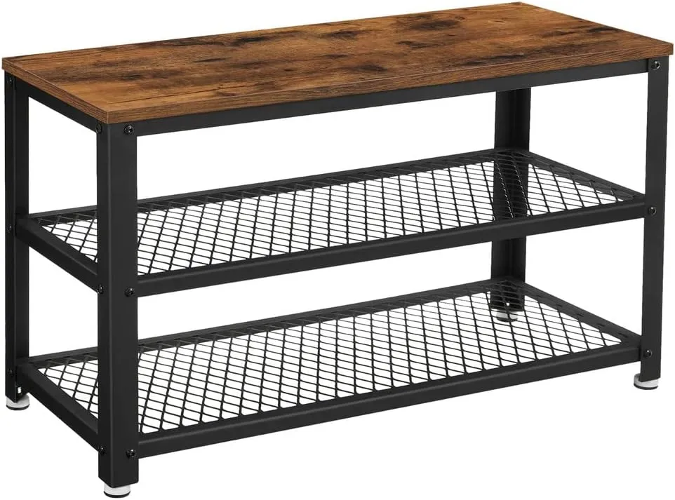 VASAGLE, 3-Tier Shoe Rack, Shelf Storage Bench with Metal Mesh Shelves and Seat, Free Standing Shoe Organizer for Entryway, 11.8 x 28.7 x 17.7 Inches, Rustic Brown and Black ULBS73X