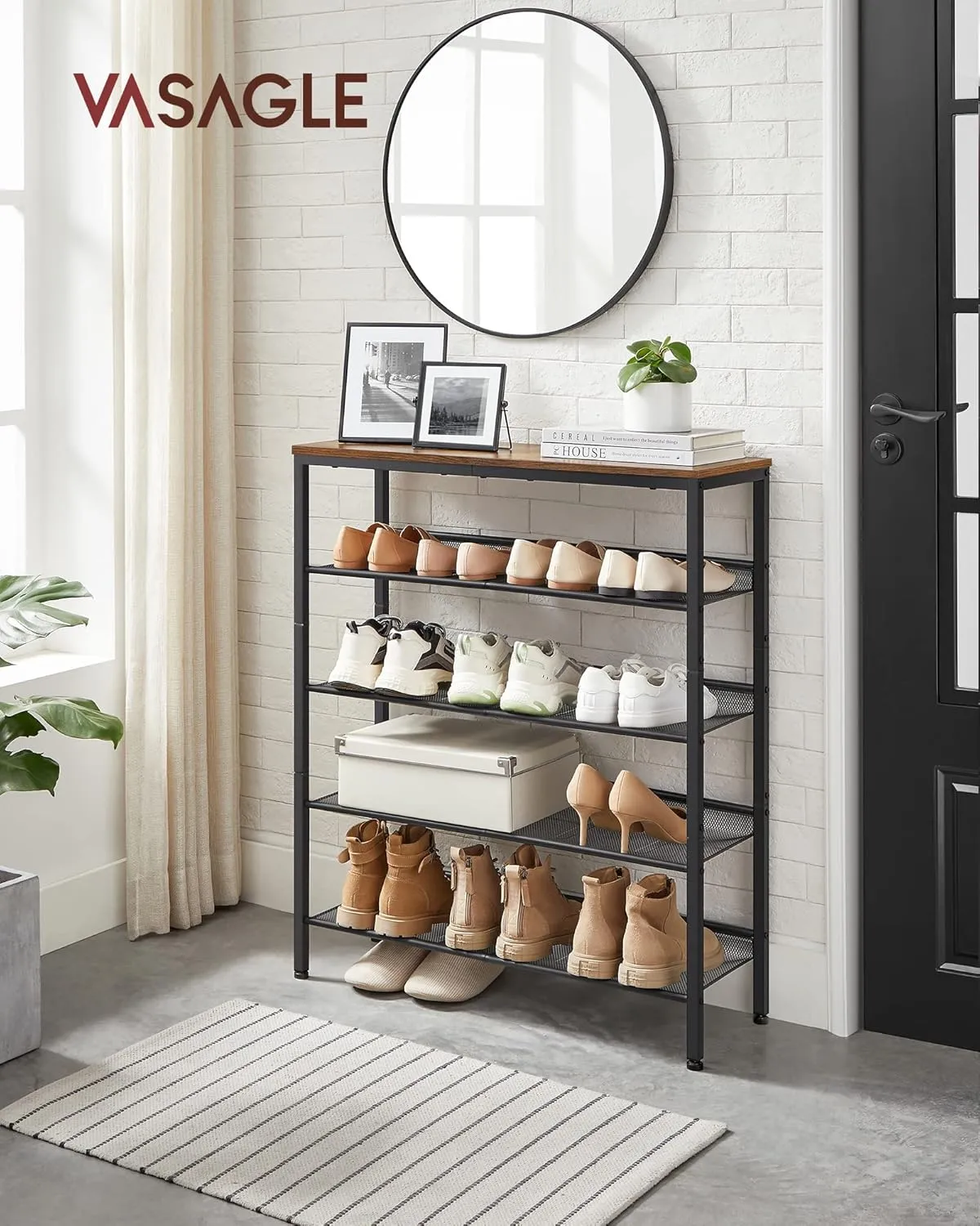 VASAGLE Shoe Rack for Entryway, 5-Tier Shoe Rack Organizer with Storage Shelves and Spacious Top, Freestanding, Adjustable, Industrial, Rustic Brown and Ink Black ULBS038B01