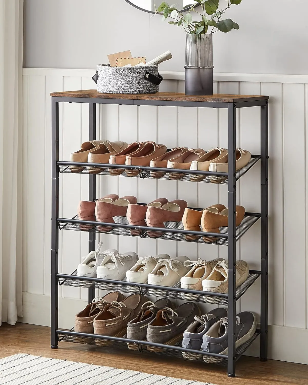 VASAGLE Shoe Rack for Entryway, 5-Tier Shoe Rack Organizer with Storage Shelves and Spacious Top, Freestanding, Adjustable, Industrial, Rustic Brown and Ink Black ULBS038B01