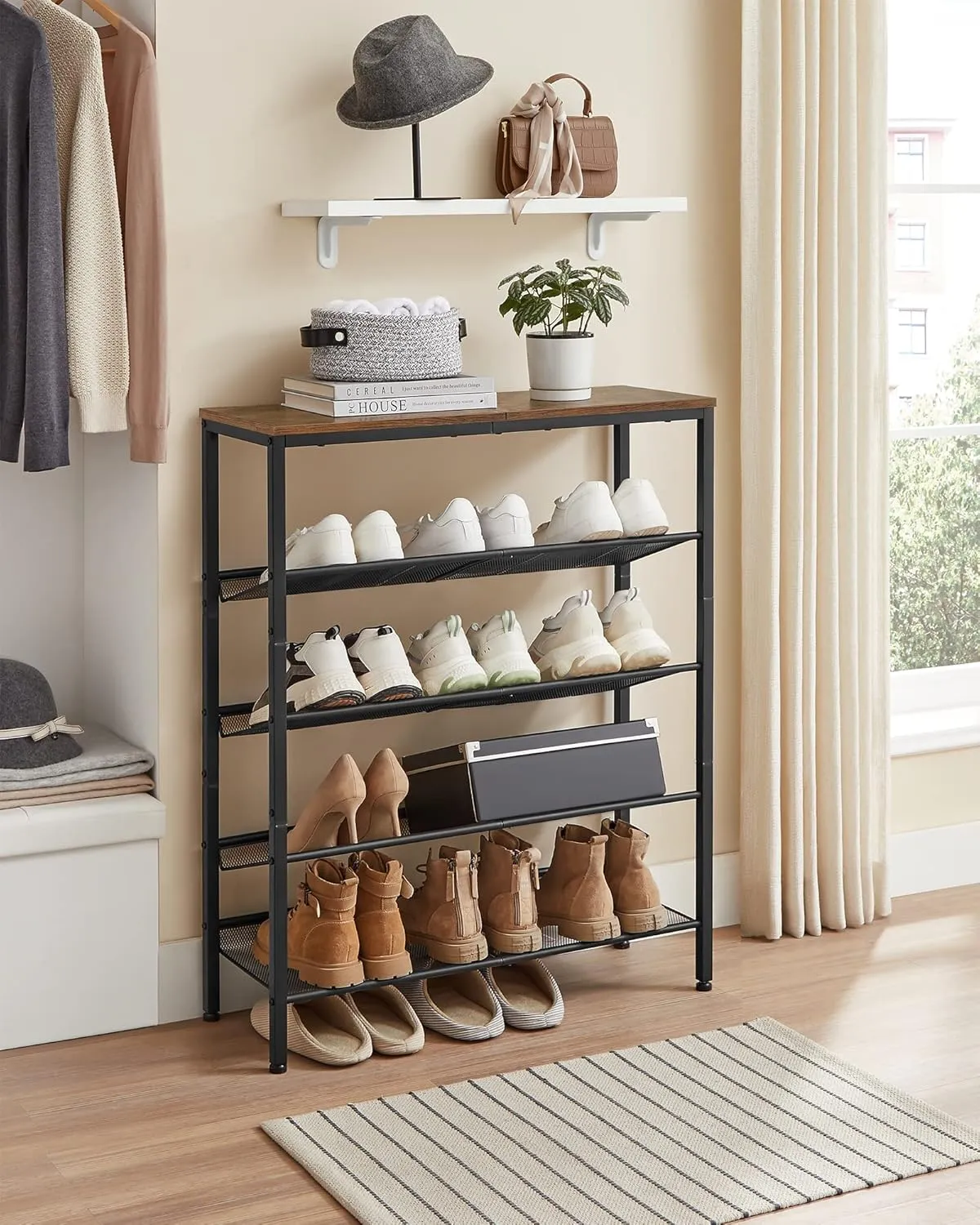 VASAGLE Shoe Rack for Entryway, 5-Tier Shoe Rack Organizer with Storage Shelves and Spacious Top, Freestanding, Adjustable, Industrial, Rustic Brown and Ink Black ULBS038B01