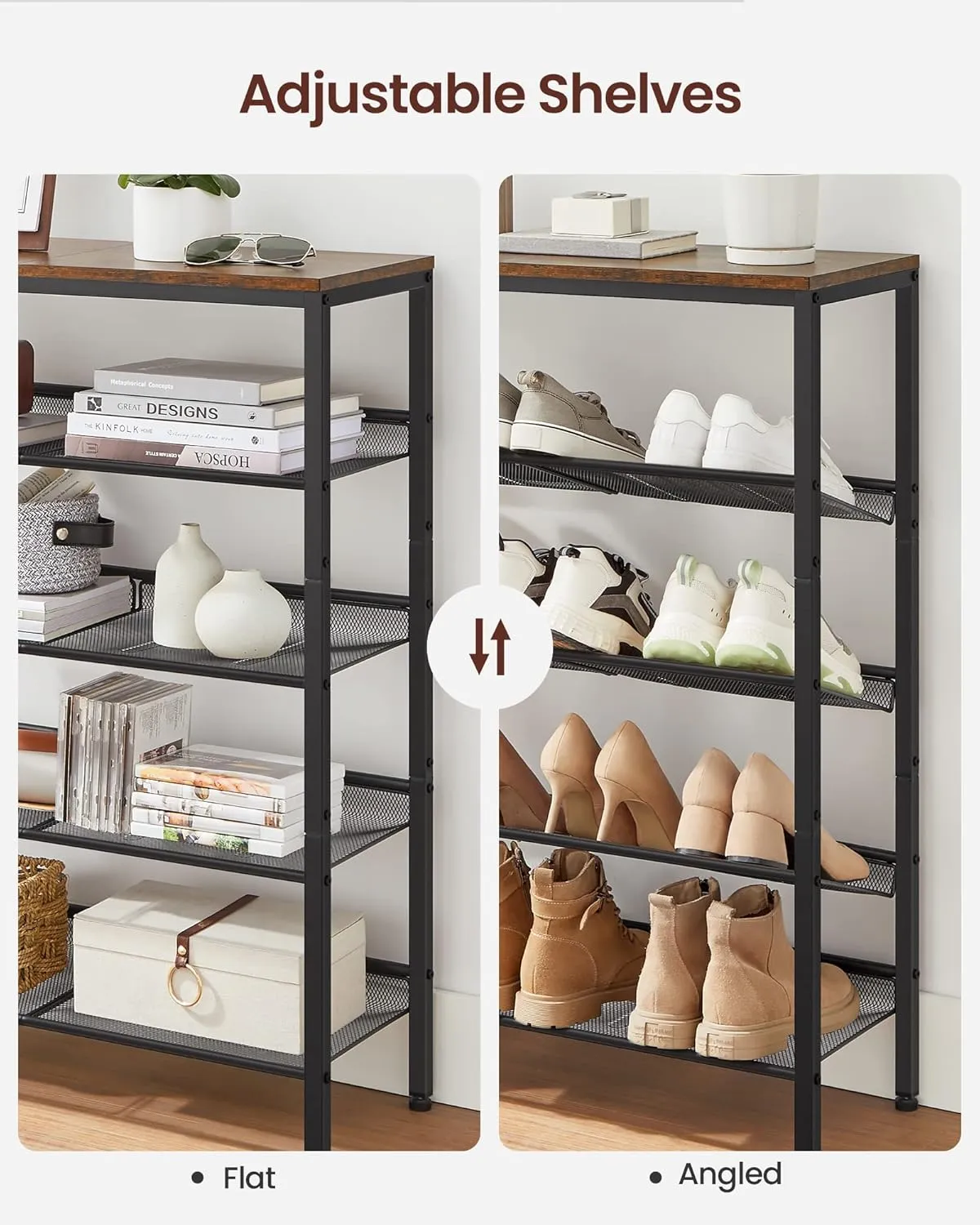 VASAGLE Shoe Rack for Entryway, 5-Tier Shoe Rack Organizer with Storage Shelves and Spacious Top, Freestanding, Adjustable, Industrial, Rustic Brown and Ink Black ULBS038B01