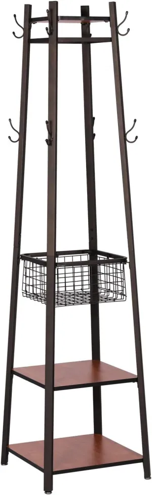 VECELO Industrial Coat Rack,Enterway Clothes Stand With 2 Tier Storage Shelves/Basket,Hall Trees with 8 Dual Hooks, Brown Black