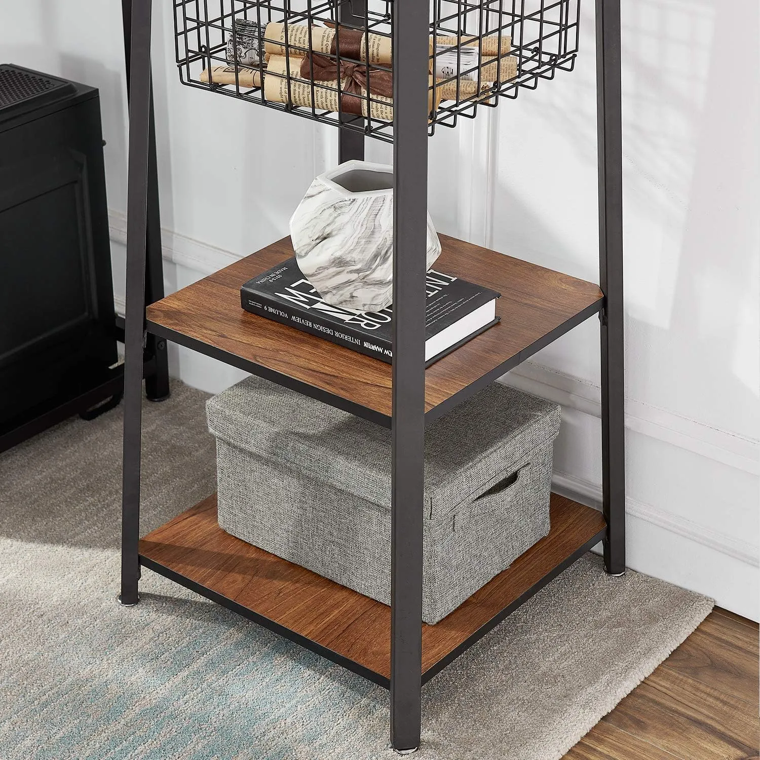 VECELO Industrial Coat Rack,Enterway Clothes Stand With 2 Tier Storage Shelves/Basket,Hall Trees with 8 Dual Hooks, Brown Black