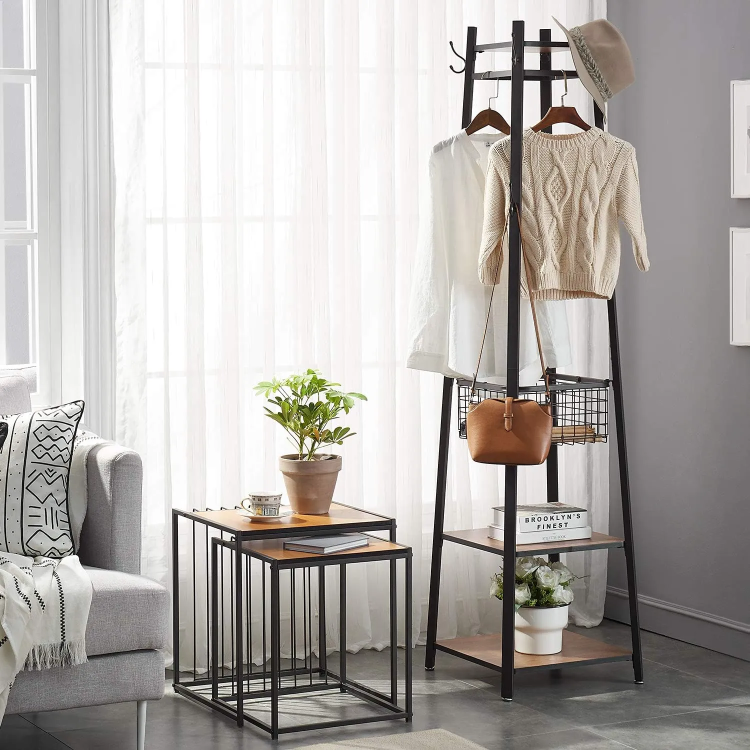 VECELO Industrial Coat Rack,Enterway Clothes Stand With 2 Tier Storage Shelves/Basket,Hall Trees with 8 Dual Hooks, Brown Black