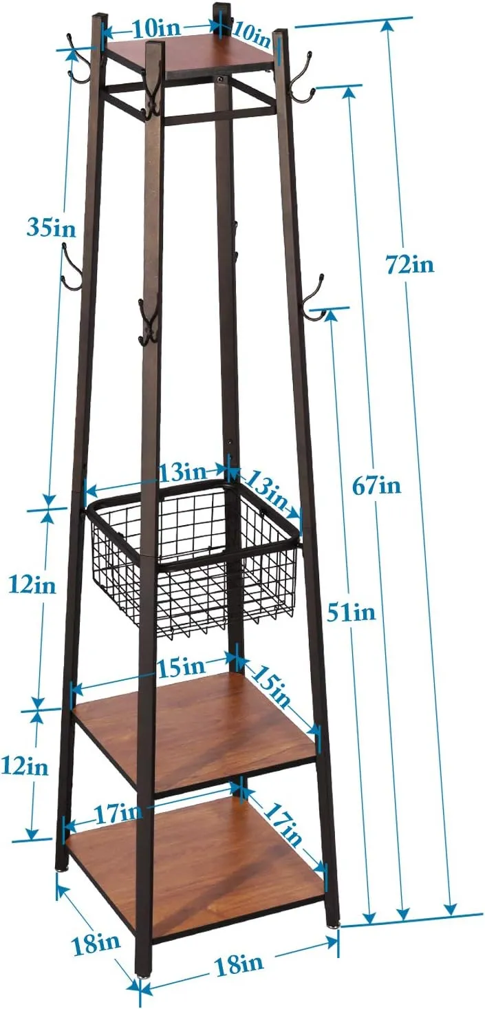 VECELO Industrial Coat Rack,Enterway Clothes Stand With 2 Tier Storage Shelves/Basket,Hall Trees with 8 Dual Hooks, Brown Black
