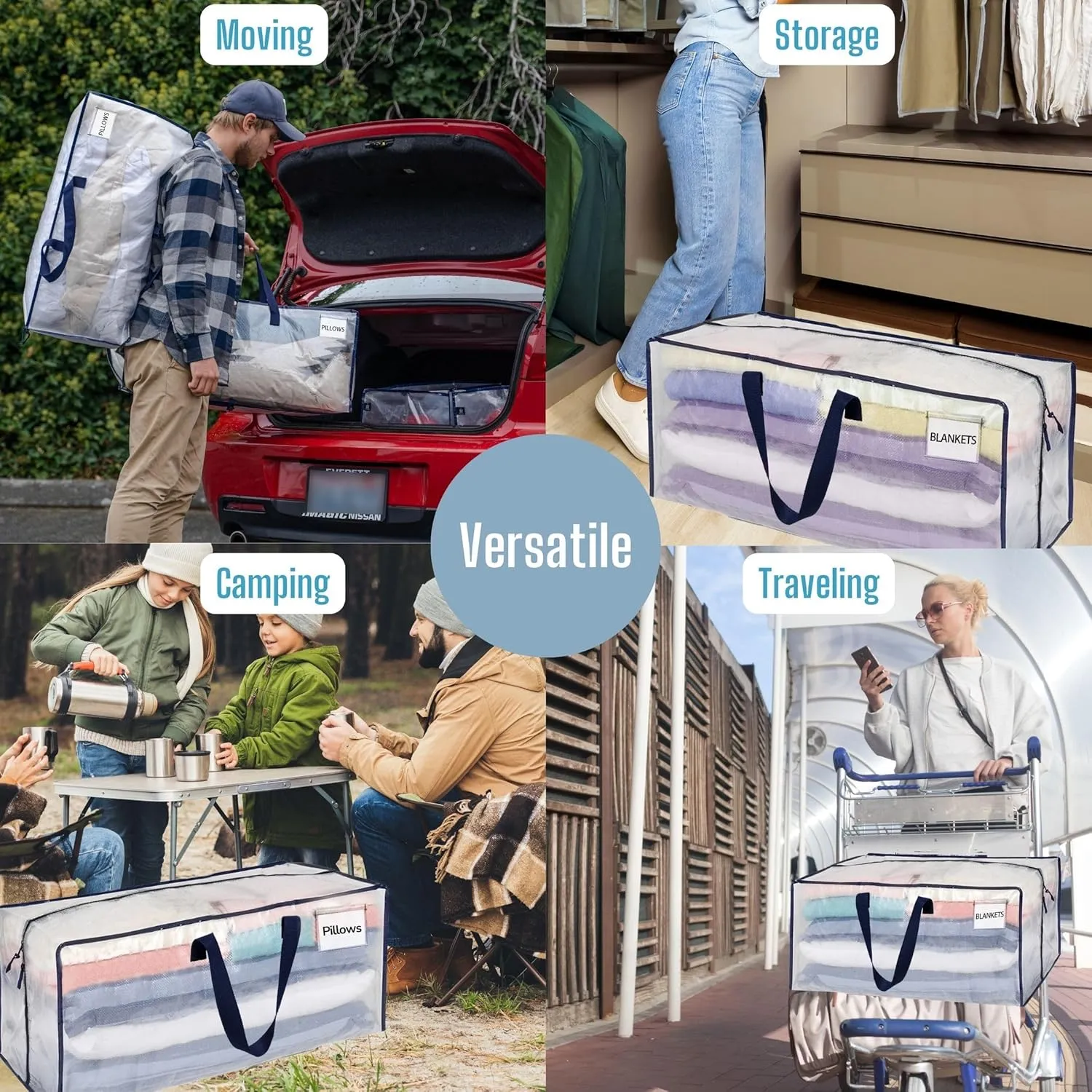 VENO 8 Pack Moving Bags w/Backpack Straps, Heavy Duty, Moving Boxes Alternative, Packing Supplies, Large Storage Totes for Dorm Room Essentials with Zipper for Clothes (Clear, 8 Pack)