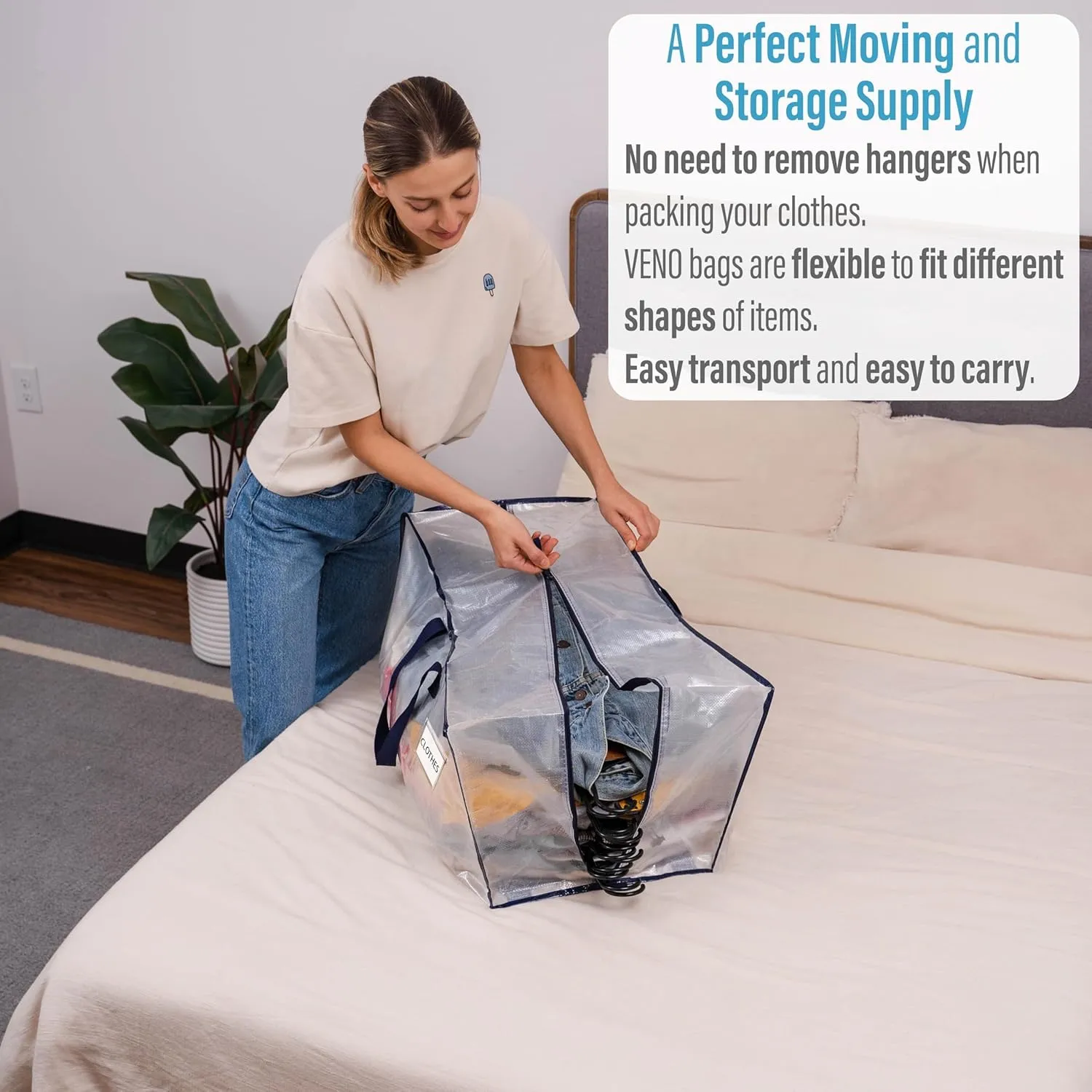 VENO 8 Pack Moving Bags w/Backpack Straps, Heavy Duty, Moving Boxes Alternative, Packing Supplies, Large Storage Totes for Dorm Room Essentials with Zipper for Clothes (Clear, 8 Pack)