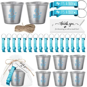Vesici 25 Sets Baby Shower Favors for Girls Boys 1.5 oz Stainless Steel Shot Glasses Cute Bottle Opener Keychains Thank You Tags and Bags Gender Reveal Party Favors Guest Return Gift (Blue)
