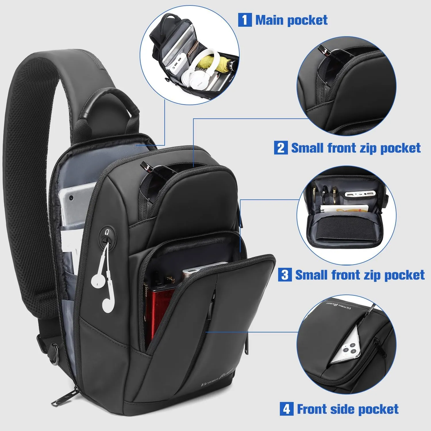 Victoriatourist Sling Bag for Men Women Shoulder Crossbody Backpack Bags With USB Charging Port, Holds 9 Inch Ipad Water Resistant Daily Travel Hiking Chest Bag Casual Daypack, Black