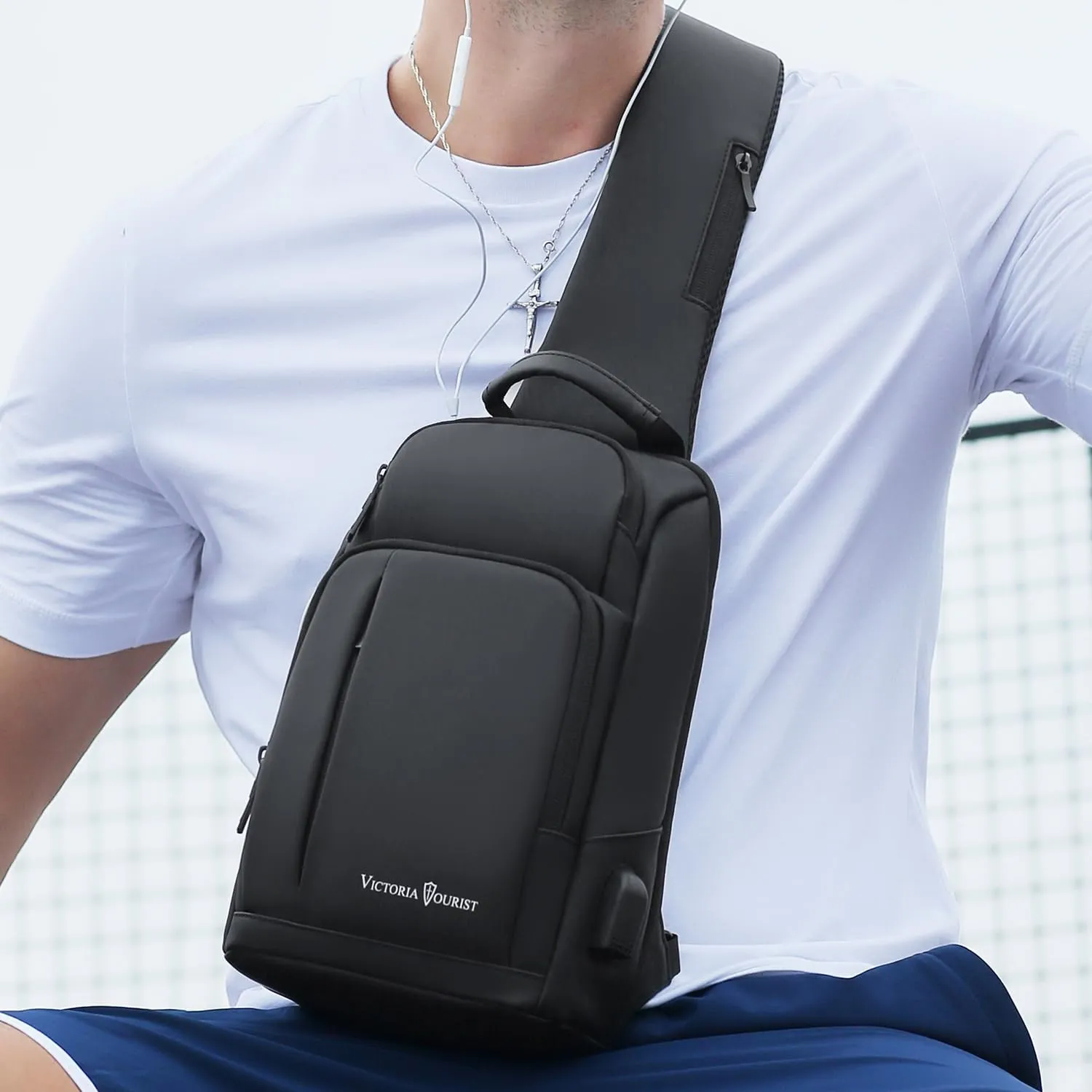 Victoriatourist Sling Bag for Men Women Shoulder Crossbody Backpack Bags With USB Charging Port, Holds 9 Inch Ipad Water Resistant Daily Travel Hiking Chest Bag Casual Daypack, Black