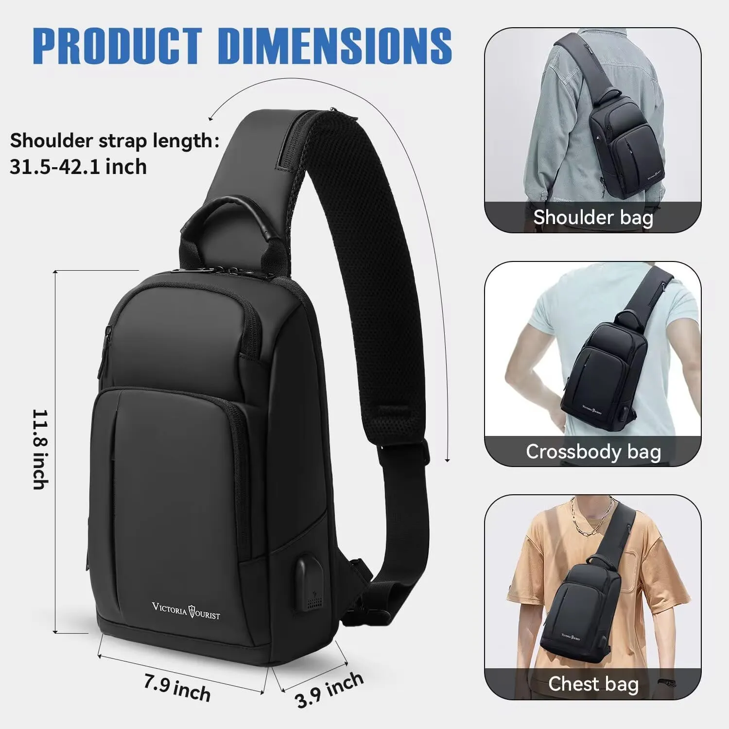 Victoriatourist Sling Bag for Men Women Shoulder Crossbody Backpack Bags With USB Charging Port, Holds 9 Inch Ipad Water Resistant Daily Travel Hiking Chest Bag Casual Daypack, Black