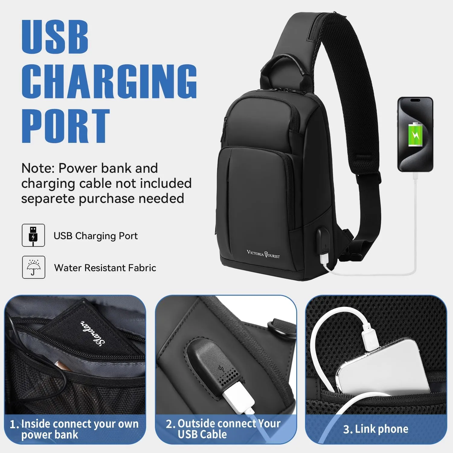 Victoriatourist Sling Bag for Men Women Shoulder Crossbody Backpack Bags With USB Charging Port, Holds 9 Inch Ipad Water Resistant Daily Travel Hiking Chest Bag Casual Daypack, Black