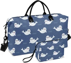 VIGTRO Travel Duffel Bag Weekender Overnight Bag with Toiletry Bag Cute Cartoon Fur Seal Printed, Carry On Luggage Bag for Hospital Gym Travel Business, 2 Pcs Set