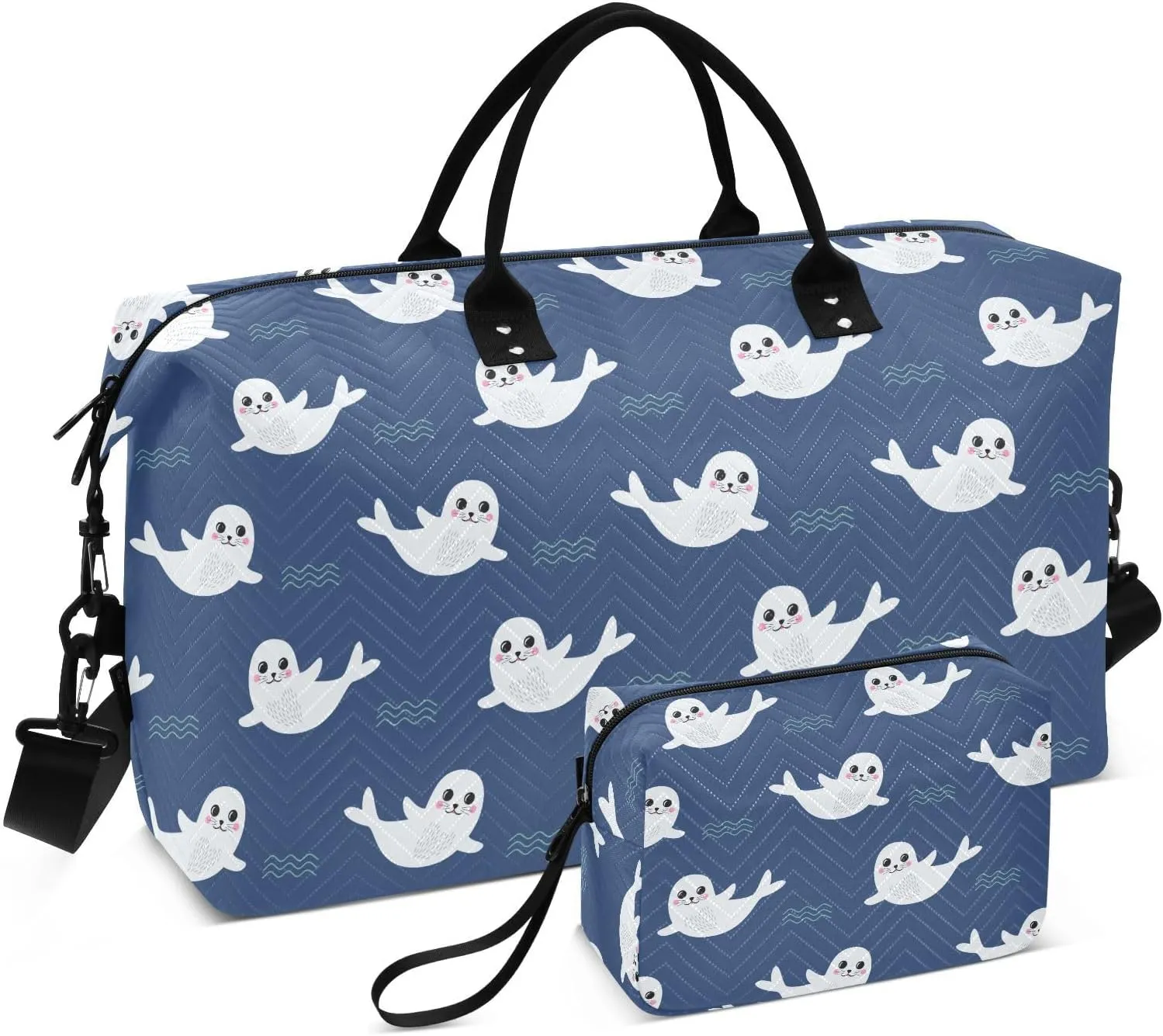 VIGTRO Travel Duffel Bag Weekender Overnight Bag with Toiletry Bag Cute Cartoon Fur Seal Printed, Carry On Luggage Bag for Hospital Gym Travel Business, 2 Pcs Set