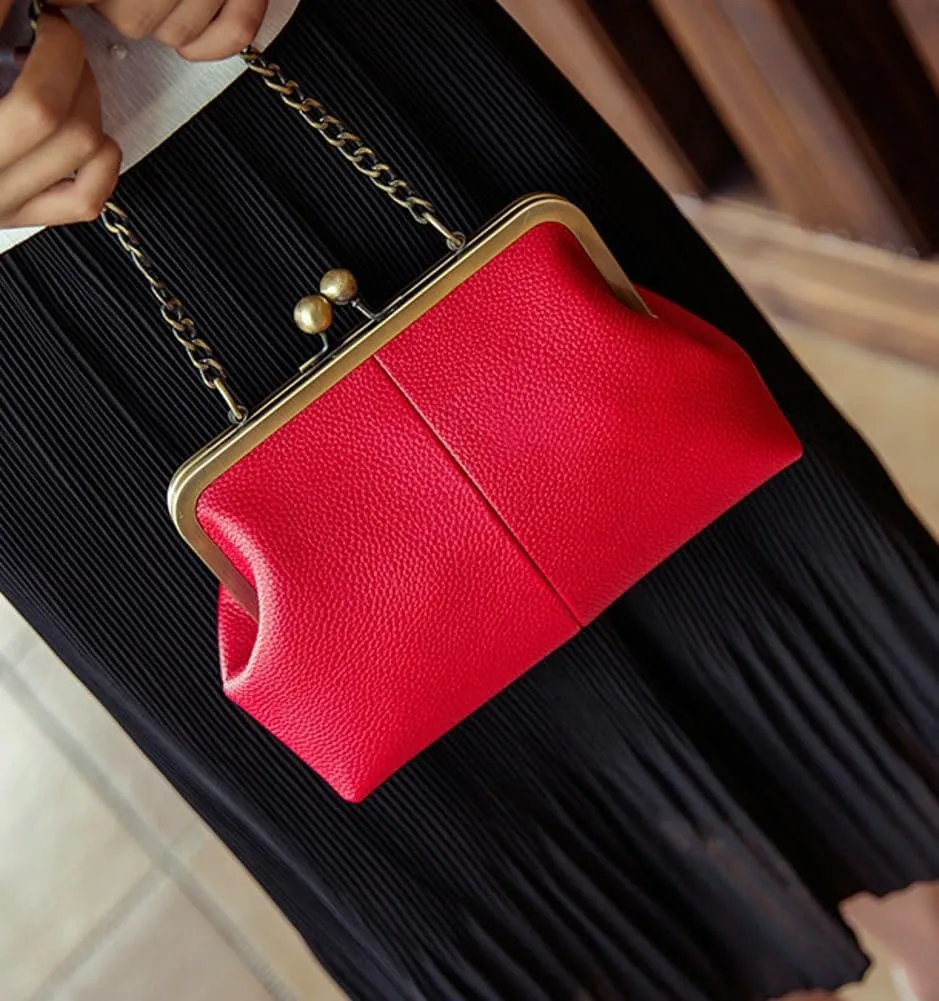 Vintage Handbag for Women Kiss Lock Satchel Bags Chain Shoulder Bag with Chain Strap PU Leather Purse Evening Bag