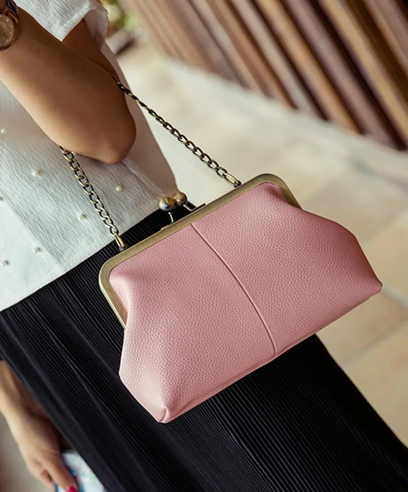 Vintage Handbag for Women Kiss Lock Satchel Bags Chain Shoulder Bag with Chain Strap PU Leather Purse Evening Bag