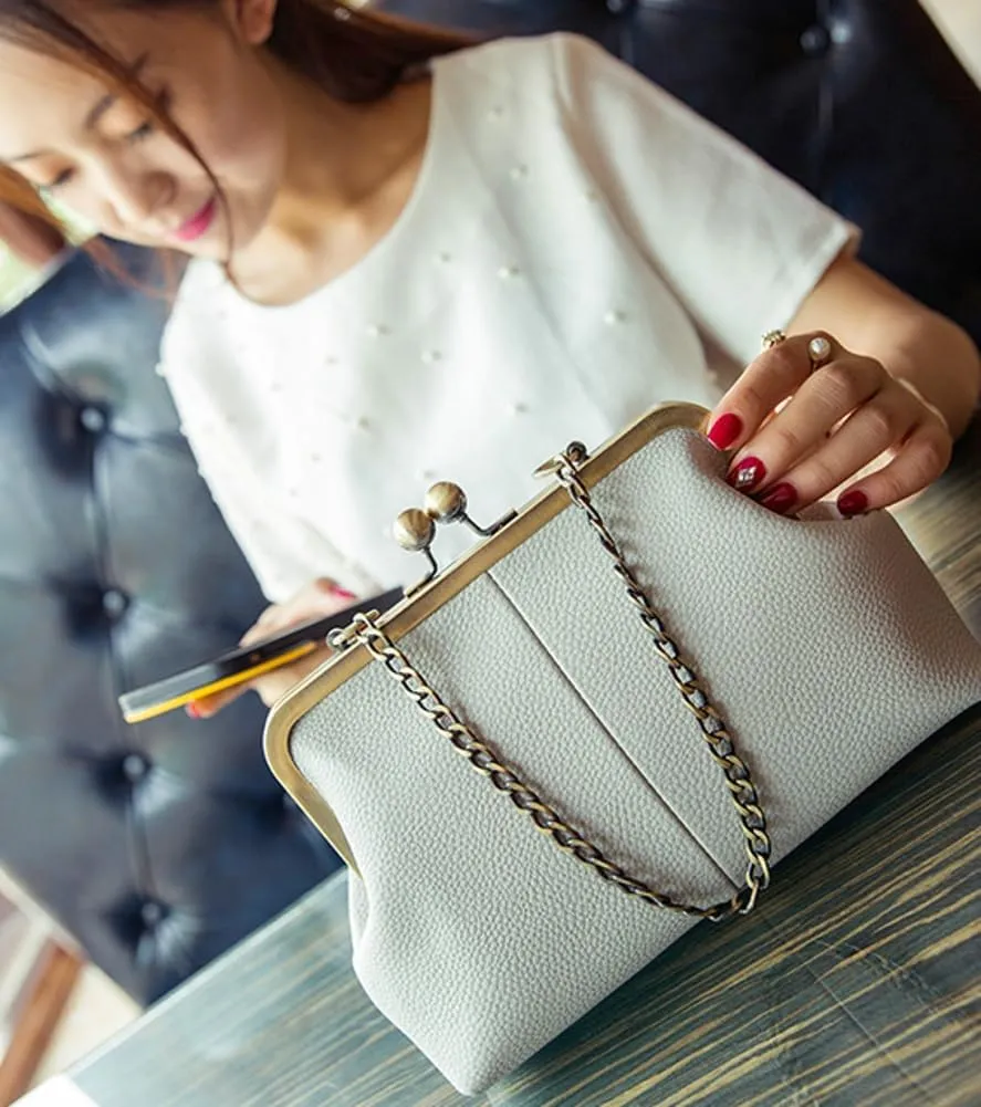 Vintage Handbag for Women Kiss Lock Satchel Bags Chain Shoulder Bag with Chain Strap PU Leather Purse Evening Bag