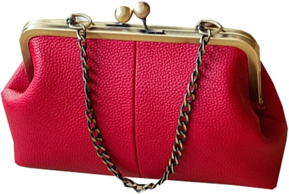 Vintage Handbag for Women Kiss Lock Satchel Bags Chain Shoulder Bag with Chain Strap PU Leather Purse Evening Bag