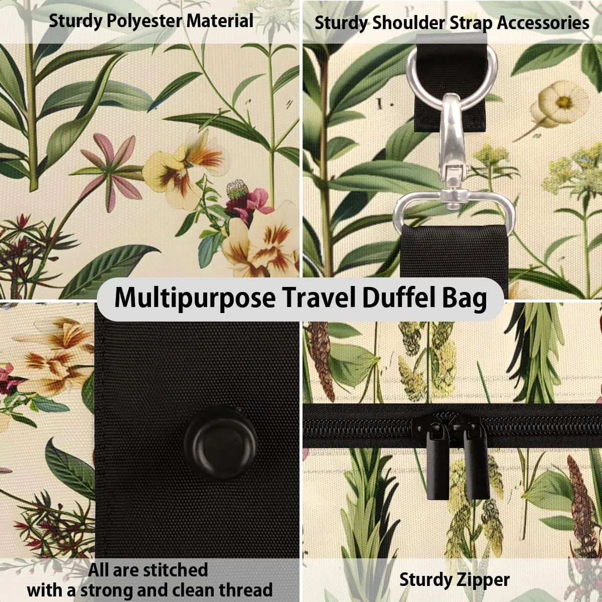 vintage Wildflower Travel Duffle Bag for Women Men Gym Duffel Foldable Bag Waterproof Weekender Rustic Flower Duffle Tote