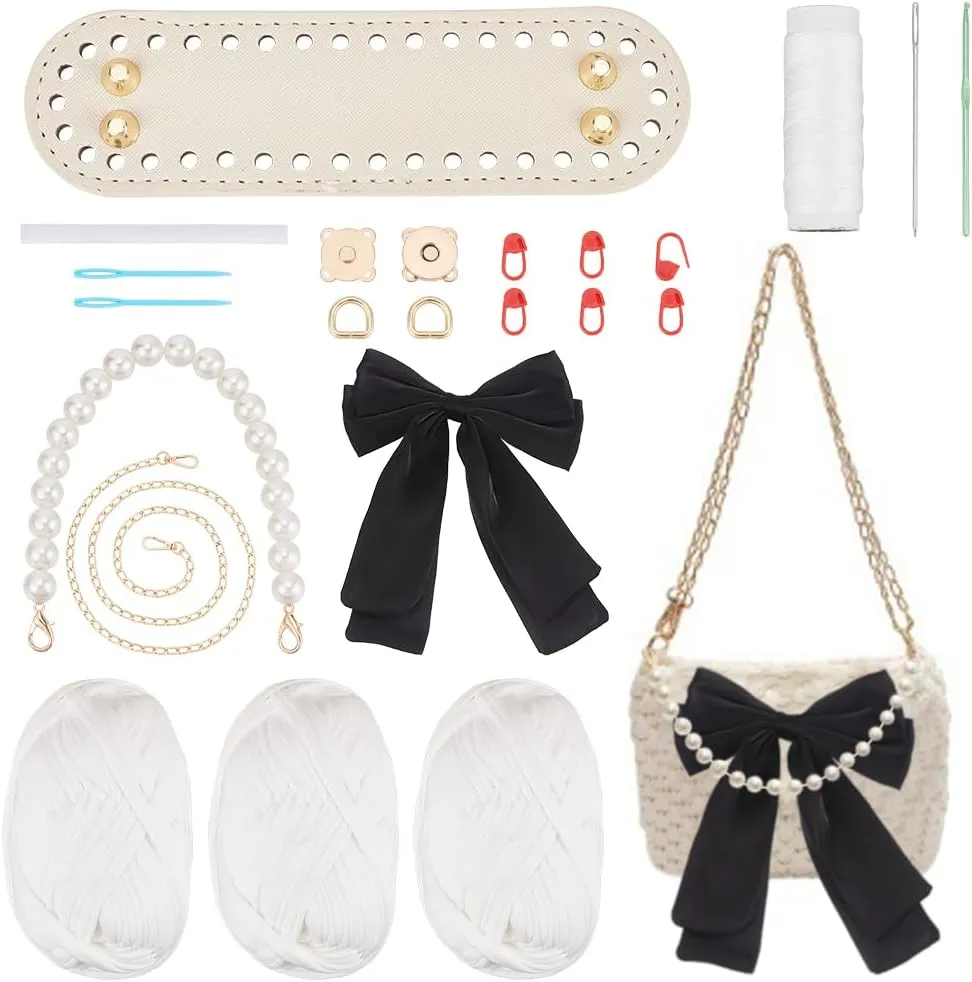 WADORN DIY Crochet Knitting Bag Kit, Handmade Crochet Handbag Making Kits Women's Bowknot Crossbody Bag Making Kit DIY Shoulder Bag Making All Materials, 9x2x5.9 Inch, White