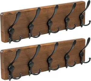 Wall Mounted Coat Rack - Metal Coat Hooks Hanger with Pine Solid Wood Board, 5 Triple Black Literary Rustic Hooks Rail Wall Mount for Hanging Coats, Clothes, Bags, Hat, Towel