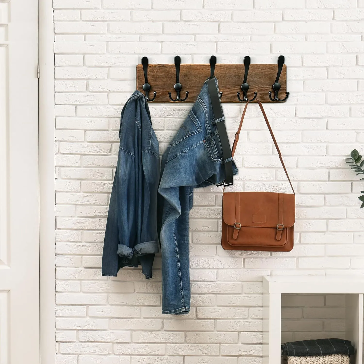 Wall Mounted Coat Rack - Metal Coat Hooks Hanger with Pine Solid Wood Board, 5 Triple Black Literary Rustic Hooks Rail Wall Mount for Hanging Coats, Clothes, Bags, Hat, Towel