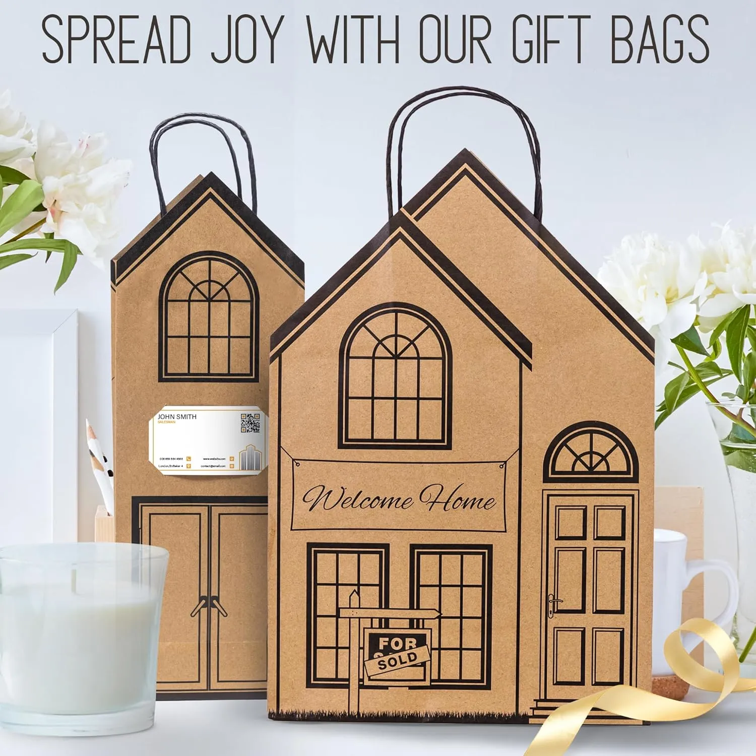 Welcome Home Bags - House-Shaped Gift Bags for New House - Housewarming Gifts, Real Estate Agent Supplies - Large 5 Pack