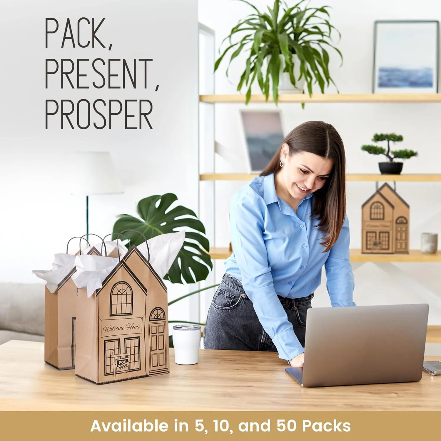 Welcome Home Bags - House-Shaped Gift Bags for New House - Housewarming Gifts, Real Estate Agent Supplies - Large 5 Pack