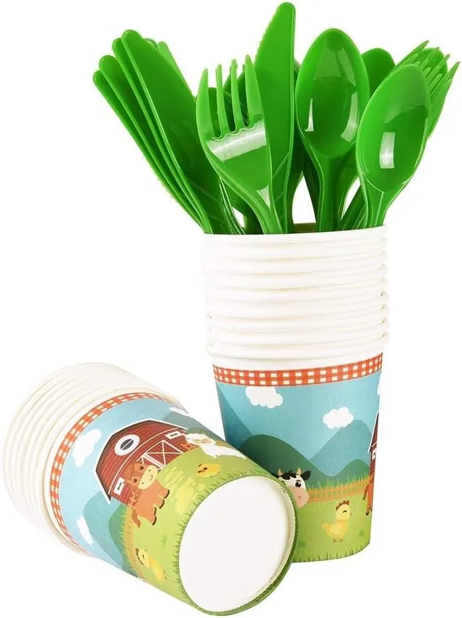 WERNNSAI Farm Party Tableware Set - 130Pcs Barnyard Animal Themed Party Supplies for Kids Birthday Baby Shower Disposable Tablecloth Plates Cups Napkins Cutlery Bags Utensils Serves 16 Guests