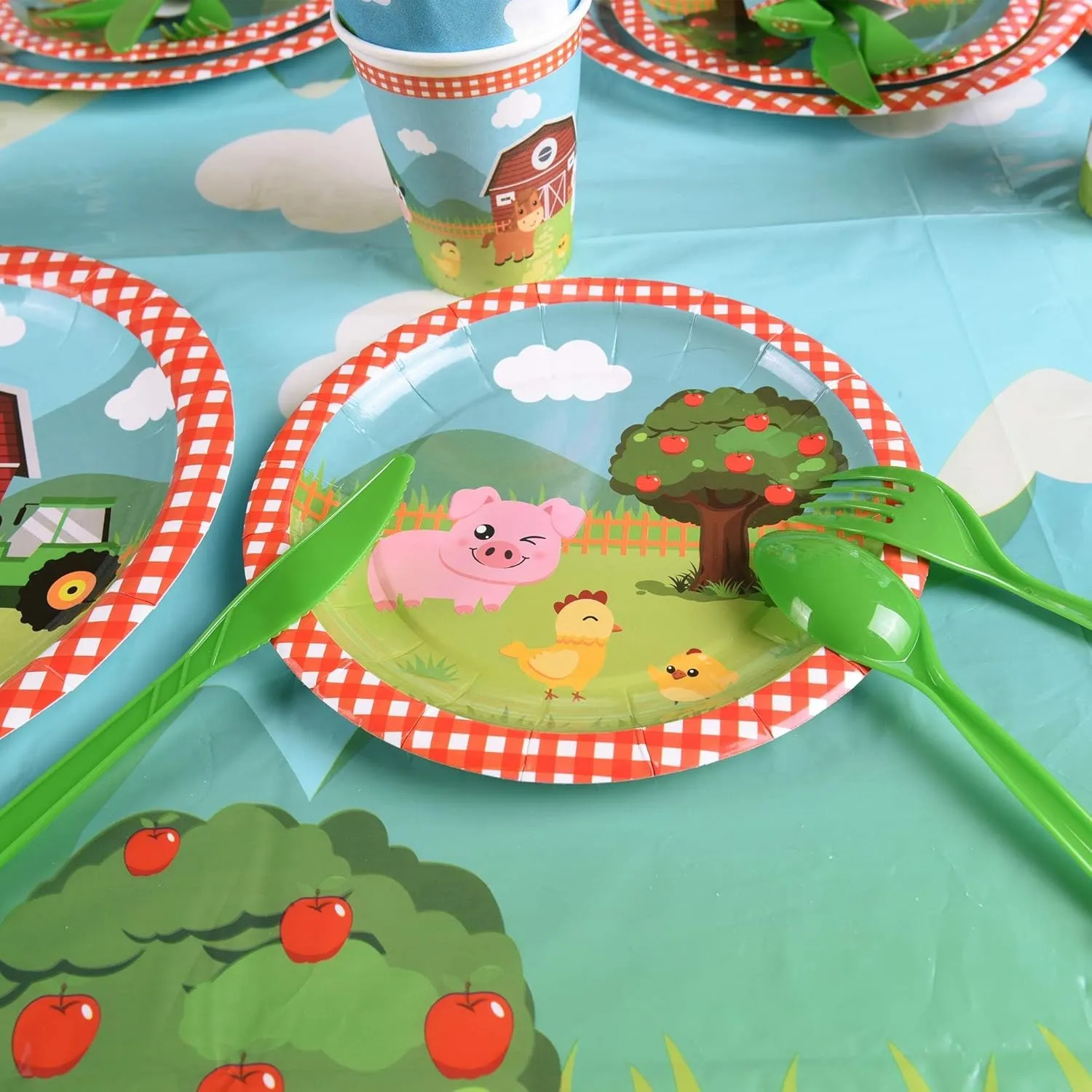 WERNNSAI Farm Party Tableware Set - 130Pcs Barnyard Animal Themed Party Supplies for Kids Birthday Baby Shower Disposable Tablecloth Plates Cups Napkins Cutlery Bags Utensils Serves 16 Guests