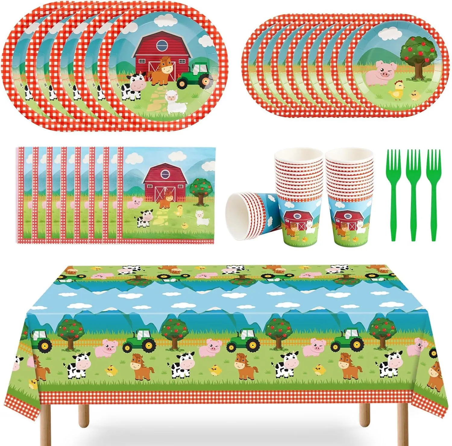 WERNNSAI Farm Party Tableware Set - 130Pcs Barnyard Animal Themed Party Supplies for Kids Birthday Baby Shower Disposable Tablecloth Plates Cups Napkins Cutlery Bags Utensils Serves 16 Guests