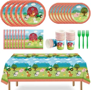 WERNNSAI Farm Party Tableware Set - 130Pcs Barnyard Animal Themed Party Supplies for Kids Birthday Baby Shower Disposable Tablecloth Plates Cups Napkins Cutlery Bags Utensils Serves 16 Guests