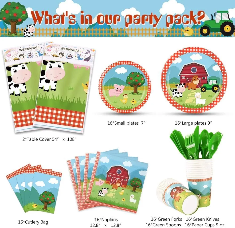 WERNNSAI Farm Party Tableware Set - 130Pcs Barnyard Animal Themed Party Supplies for Kids Birthday Baby Shower Disposable Tablecloth Plates Cups Napkins Cutlery Bags Utensils Serves 16 Guests